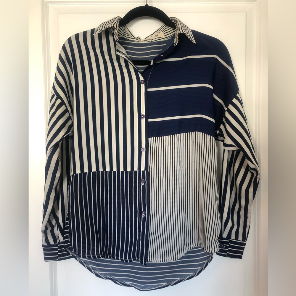 Navy Stripped Button Down, Woman’s Small - image 1